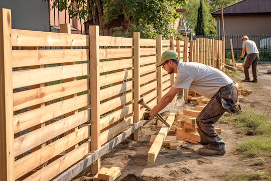 Fence installation crew building a horizontal wood fence — Total Home Fencing and Decks LLC Birmingham